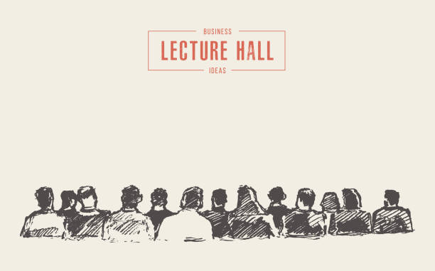 People sitting audience lecture hall vector sketch People sitting in the audience. Lecture hall. Hand drawn vector illustration, sketch crowded-lecture-hall stock illustrations