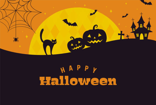 vektorhintergrund mit halloween-illustrationen für banner, karten, flyer, social media wallpaper, etc. - patterned halloween background stock-grafiken, -clipart, -cartoons und -symbole