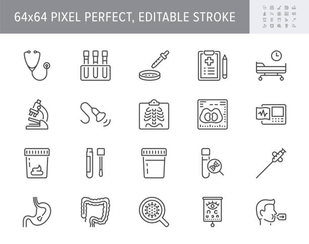 illustrations, cliparts, dessins animés et icônes de icônes de la ligne de contrôle médical. l’illustration vectorielle comprend l’icône - radiologie, stéthoscope, rayons x, échographie, pcr, pictogramme de contour de boîte de pétri pour le diagnostic de la santé. 64x64 pixel parfait, course mod - test médical