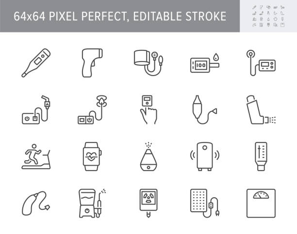 personal medical devices line icons. vector illustration include icon - thermometer, glucometer, insulin pump, outline pictogram for domestic health equipment. 64x64 pixel perfect, editable stroke - tıp cihazları stock illustrations