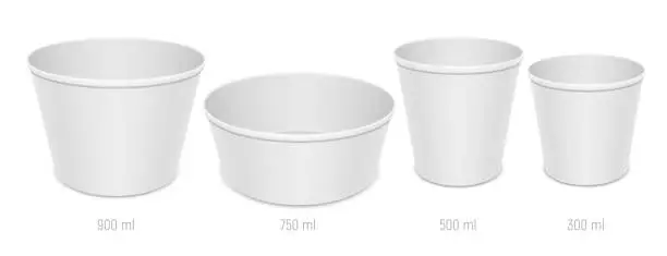 Vector illustration of Set of vector realistic blank disposable food containers. Different sizes of paper open empty dishes for takeaway food packaging.