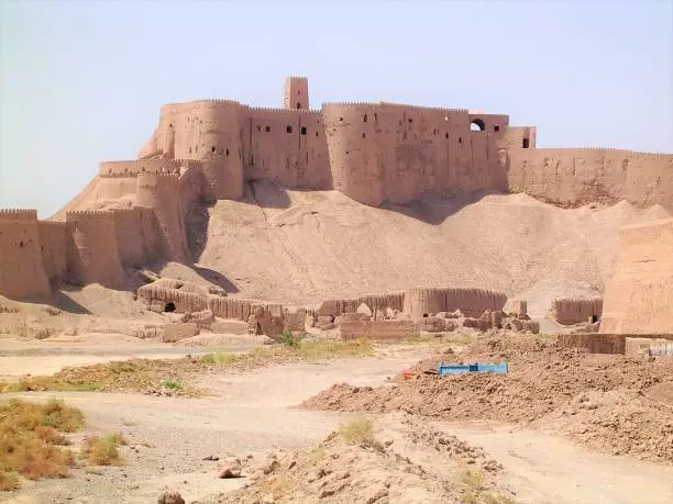 The Arg-e Bam Citadel, three months before it was destroyed in an earthquake in December 2003 that killed over 26,000 residents of the adjacent city of Bam in south east Iran.