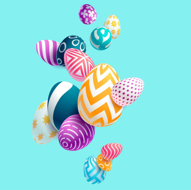 zusammensetzung von 3d-ostereiern. urlaubshintergrund. - easter egg easter isolated three dimensional shape stock-grafiken, -clipart, -cartoons und -symbole