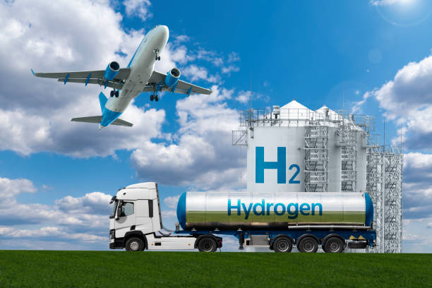 Airplane and hydrogen tank trailer Airplane and truck with hydrogen tank trailer on the background of hydrogen storage. New energy sources hydrogen stock pictures, royalty-free photos & images