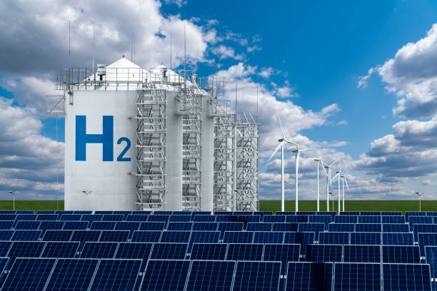 Hydrogen factory concept Hydrogen factory concept. Hydrogen production from renewable energy sources hydrogen stock pictures, royalty-free photos & images