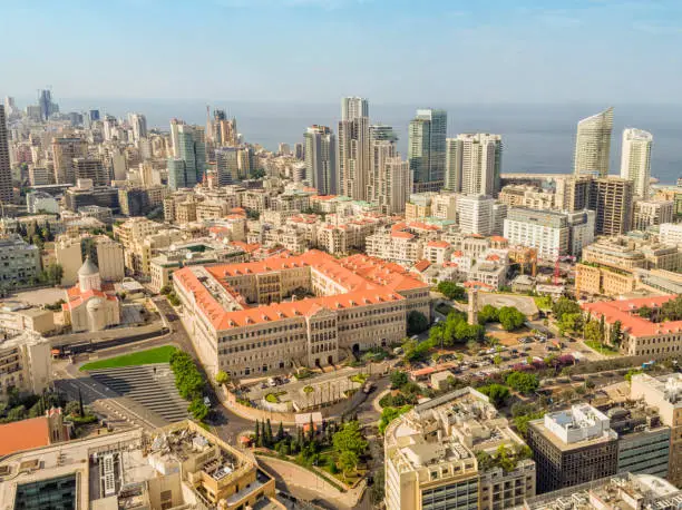 Aerial View of Beirut Lebanon, City of Beirut, Beirut cityscape; Grand Serail ,headquarters of the Prime Minister of Lebanon