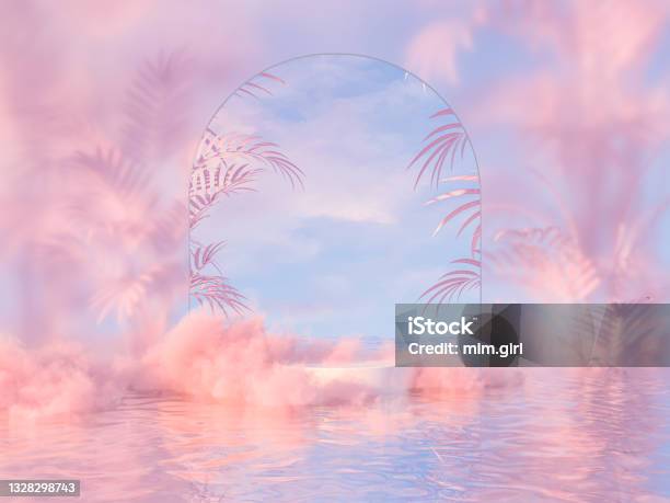 Natural Beauty Podium Backdrop For Product Display With Dreamy Cloud And Arch Frame Stock Photo - Download Image Now