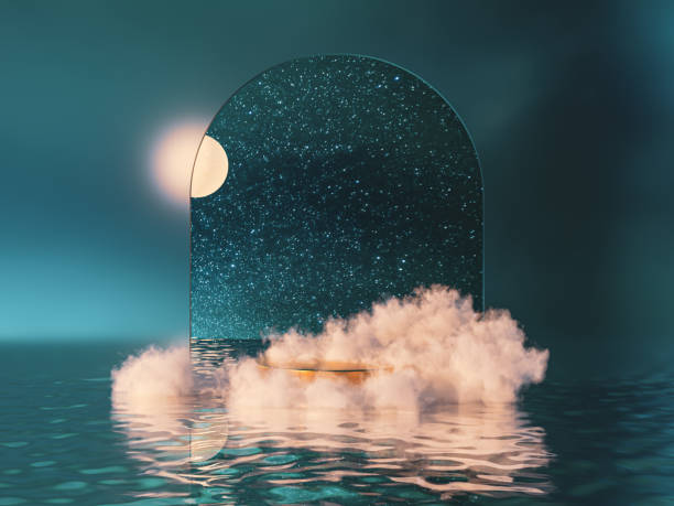 Natural beauty podium backdrop for product display with dreamy cloud and arch frame.