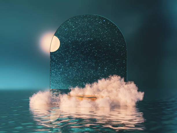 Natural beauty podium backdrop for product display with dreamy cloud and arch frame. 3d seascape Night scene. moonlight photos stock pictures, royalty-free photos & images
