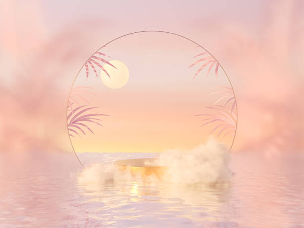 istock Natural beauty podium backdrop for product display with dreamy cloud and arch frame. 1328298804
