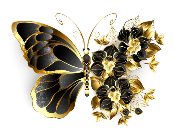 istock Gold flower butterfly with black orchid 1328300131