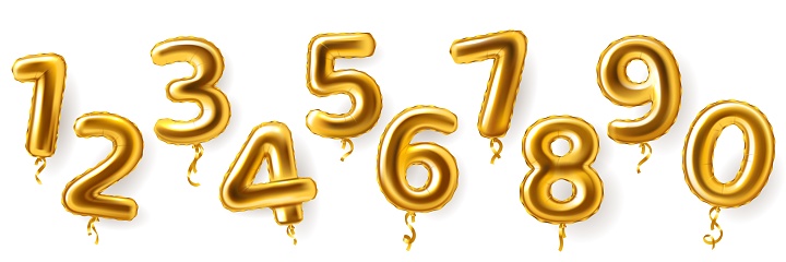 Golden number balloons. Realistic metal air birthday party decor. Anniversary celebration numeral shapes from zero to nine. 3D festive events greeting flying inflatable metallic figures, vector set