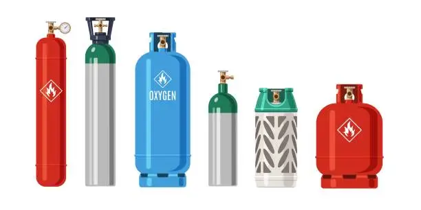 Vector illustration of Cylinders gas. LPG propane container. Metal balloon for compressed oxygen and flammable fuel. Isolated tanks with natural butane. Industrial explosive products. Vector equipment set