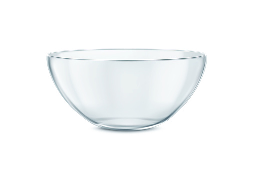Glass bowl isolated on white background. Close up view of an empty transparent cup. Glass plate 3D rendering model, mixing bowl, glossy dish. Side view