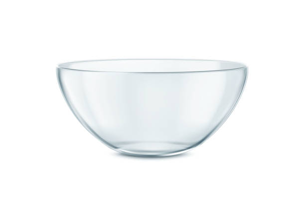 glass bowl isolated on white background. close up view of an empty transparent cup. glass plate 3d rendering model, mixing bowl, glossy dish. side view - mixing bowl imagens e fotografias de stock