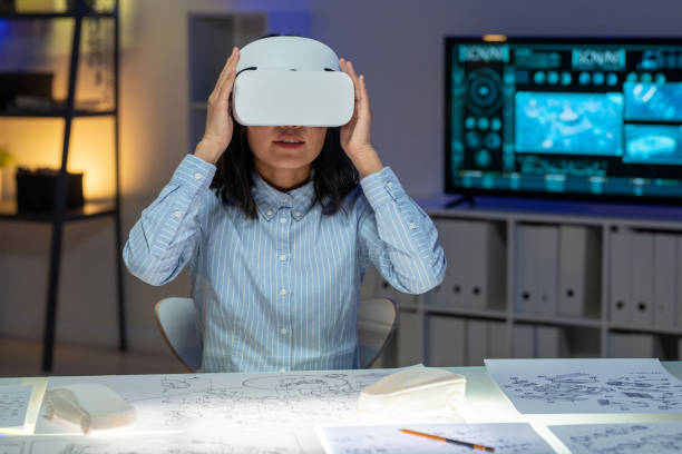 istock Asian Woman Adjusting Virtual Reality Headset 1328301673