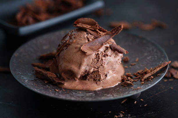 istock Tasty appetizing chocolate ice cream with chocolate chunks on dark plate 1328301753