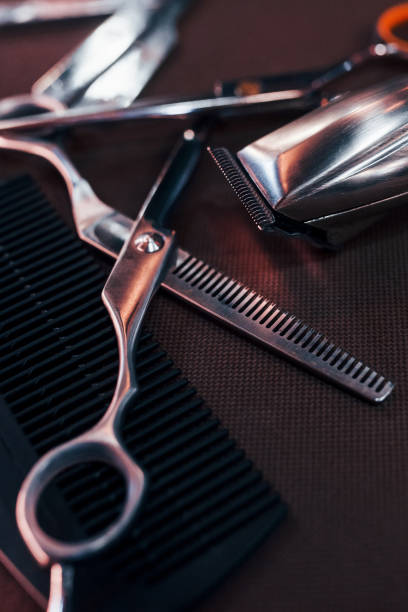 istock Close up view of vintage barber shop tools that lying down on the table 1328301925