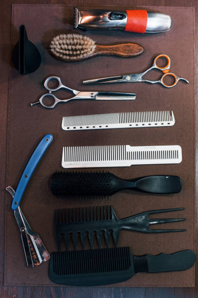 istock Close up view of vintage barber shop tools that lying down on the table 1328301926