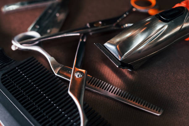 istock Close up view of vintage barber shop tools that lying down on the table 1328301941