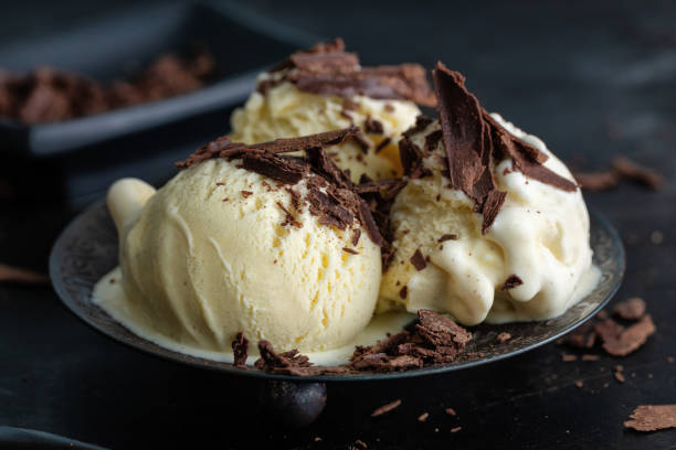 istock Vanilla ice cream scoops with chocolate chunks on dark plate 1328302890