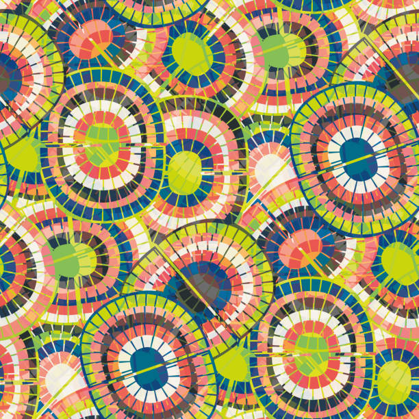 1970s style rainbow seamless vector pattern background. Backdrop with mosaic style oval pairs of rainbows blue, green red colors. Funky overlapping texture repeat in boho hippie style. Hipster print 1970s style rainbow seamless vector pattern background. Backdrop with mosaic style oval pairs of rainbows blue, green red colors. Funky overlapping texture repeat in boho hippie style. Hipster print. 1970 pictures stock illustrations