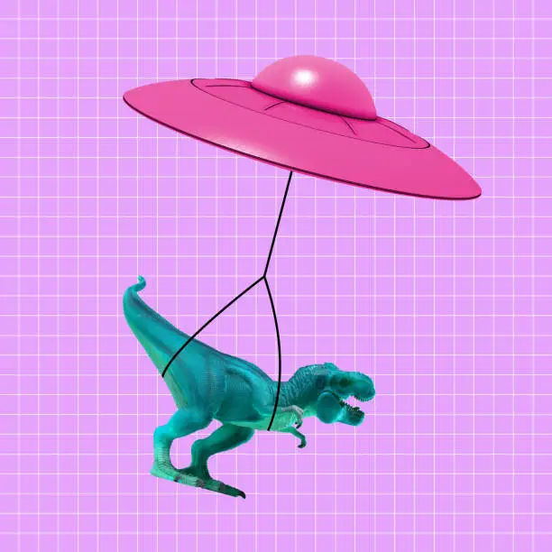 Photo of Contemporary art collage, modern design. Modern express delivery. Pink flying saucer delivering toy dinosaur.