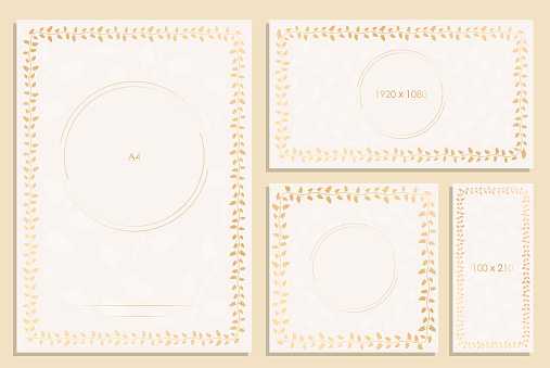 set of template invitation cards for celebration with frame from climbing plant. Beige and gold shades. Wedding frames with leaves. Vector