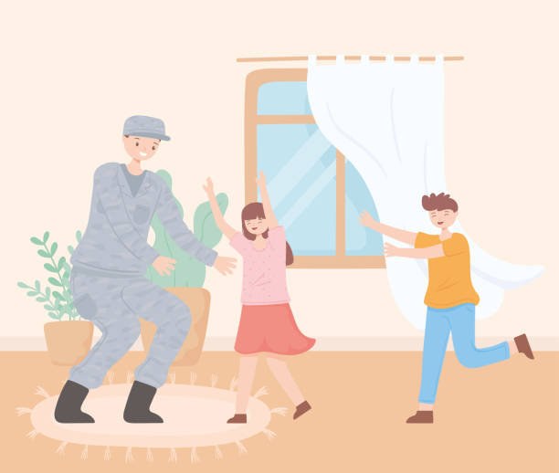 veteran at home happy veteran with his kids military family stock illustrations