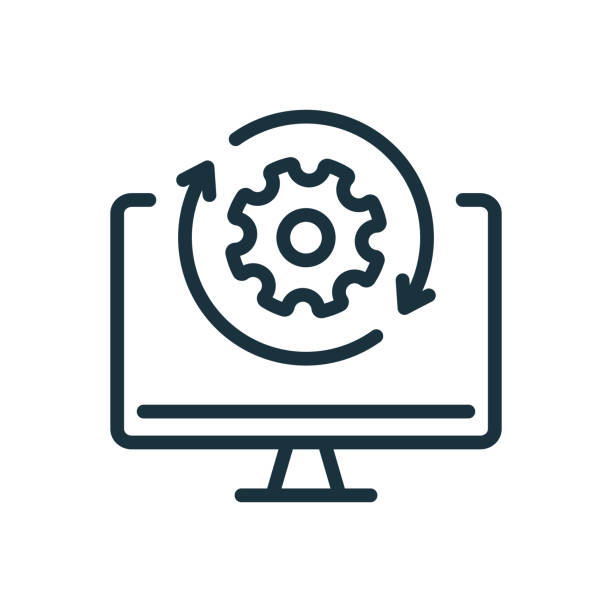 illustrations, cliparts, dessins animés et icônes de mise à niveau de l’icône de ligne de logiciel. pictogramme linéaire de mise à jour du système informatique. télécharger l’icône de processus. progression de la mise à niveau. trait modifiable. illustration vectorielle - installing computer computer equipment computer icon