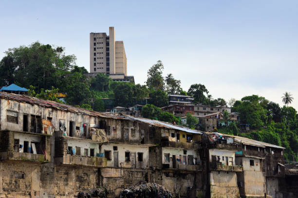 Ducor InterContinental hotel (abandoned) and waterfront buildings, Monrovia, Liberia