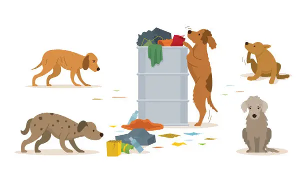 Vector illustration of Group of Stray Dogs Rummage a Trash Can