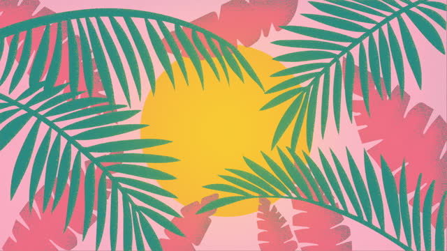 Palm and other tropical leaves bend against the yellow sun and pink sky. Silhouettes of plants with noisy textures. Botanical, vacation concept. Template for social media, banner, background.