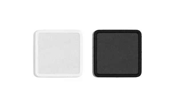 Photo of Blank black and white square embroidered patch mockup, top view