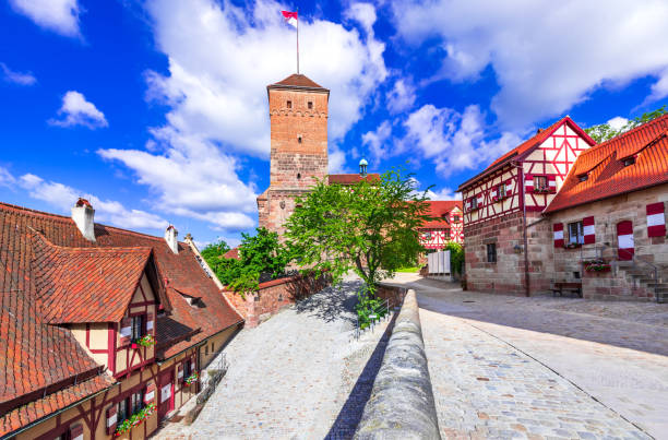 Heathen Tower, Nuremberg - Travel medieval landscape in Bavaria, Germany Nuremberg, Germany - June 2021: View of Kaiserburg and Heathen Tower in Nuremberg old town in Franconia, Bavaria. kaiserburg castle stock pictures, royalty-free photos & images