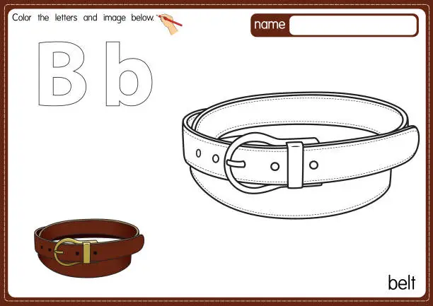 Vector illustration of Vector illustration of kids alphabet coloring book page with outlined clip art to color. Letter B for Belt.