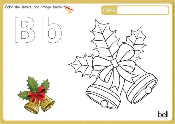Vector illustration of Vector illustration of kids alphabet coloring book page with outlined clip art to color. Letter B for Bell.