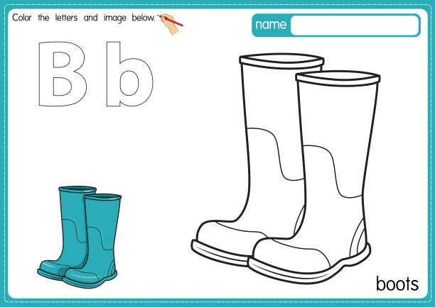 Vector illustration of kids alphabet coloring book page with outlined clip art to color. Letter B for Boots. Vector illustration of educational alphabet coloring page with cartoon for kids. Uppercase and lowercase letter for coloring, tracing, writing, do-a-dot, sticker, cut and paste, kids learning page. fancy letter b drawing stock illustrations