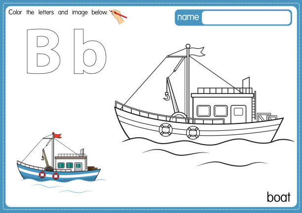 ilustraciones, imágenes clip art, dibujos animados e iconos de stock de ilustración vectorial de la página del libro para colorear del alfabeto de los niños con imágenes prediseñadas delineadas para colorear. letra b para barco. - nautical vessel motorboating motorboat fun