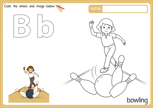 Vector illustration of educational alphabet coloring page with cartoon for kids. Uppercase and lowercase letter for coloring, tracing, writing, do-a-dot, sticker, cut and paste, kids learning page.