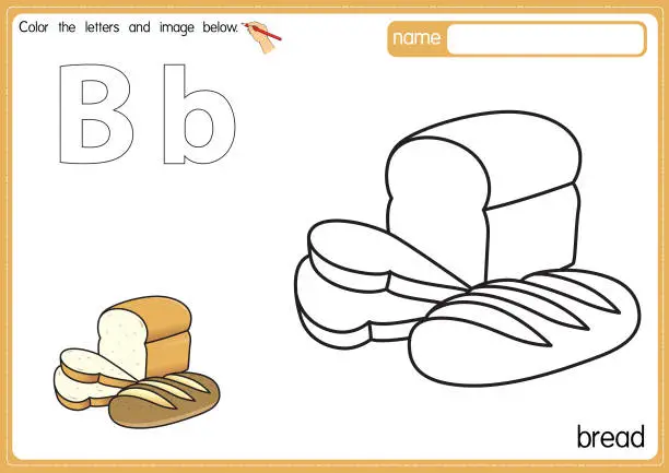 Vector illustration of Vector illustration of kids alphabet coloring book page with outlined clip art to color. Letter B for Bread.