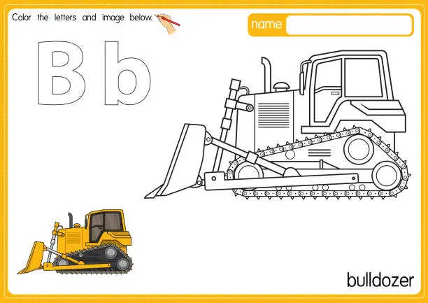 Vector illustration of Vector illustration of kids alphabet coloring book page with outlined clip art to color. Letter B for Bulldozer.