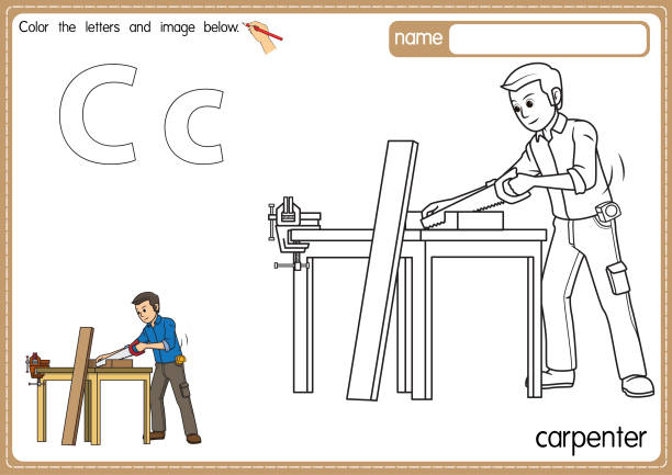 Vector illustration of kids alphabet coloring book page with outlined clip art to color. Letter C for Carpenter. Vector illustration of educational alphabet coloring page with cartoon for kids. Uppercase and lowercase letter for coloring, tracing, writing, do-a-dot, sticker, cut and paste, kids learning page. furniture instructions stock illustrations