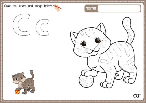 Vector illustration of Vector illustration of kids alphabet coloring book page with outlined clip art to color. Letter C for Cat.