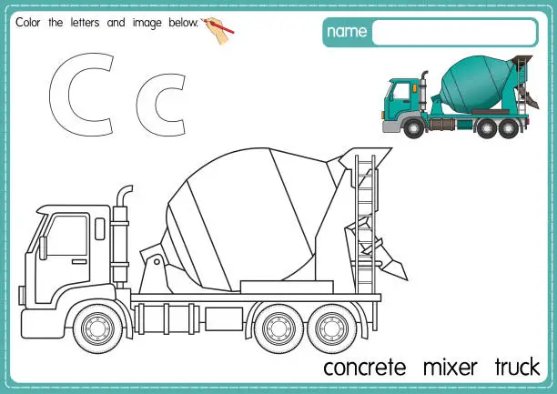 Vector illustration of Vector illustration of kids alphabet coloring book page with outlined clip art to color. Letter C for Concrete mixer truck.