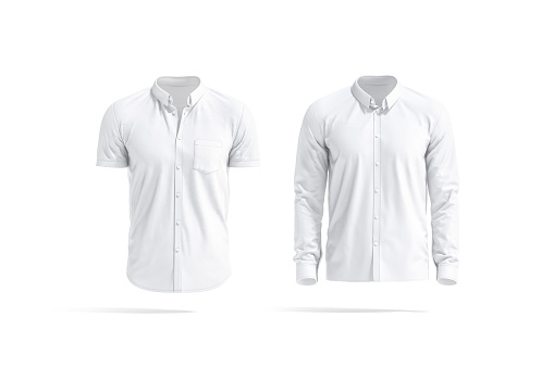 Blank white short and long sleeve men shirt mockup, isolated, 3d rendering. Empty classic male blouse mock up, front view. Clear slim jersey cotton wear for businessman template.