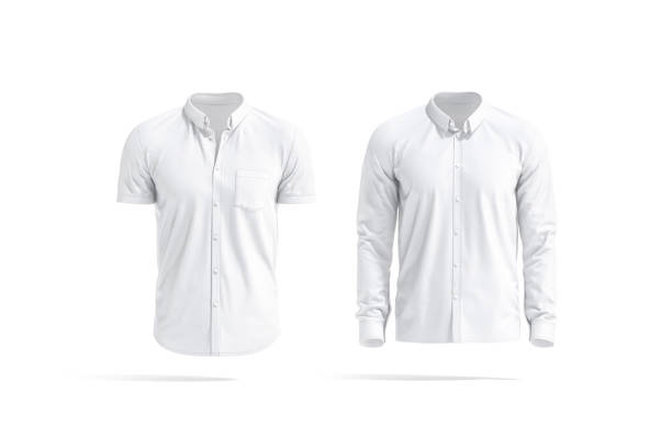 Blank white short and long sleeve men shirt mockup, isolated Blank white short and long sleeve men shirt mockup, isolated, 3d rendering. Empty classic male blouse mock up, front view. Clear slim jersey cotton wear for businessman template. shirt stock pictures, royalty-free photos & images