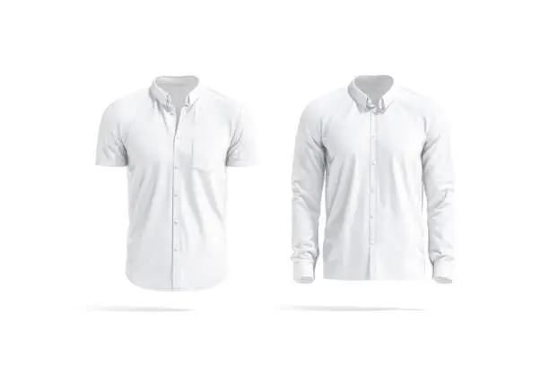 Blank white short and long sleeve men shirt mockup, isolated, 3d rendering. Empty classic male blouse mock up, front view. Clear slim jersey cotton wear for businessman template.