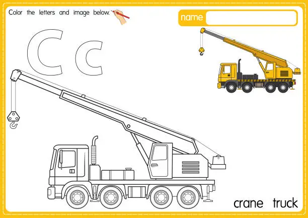 Vector illustration of Vector illustration of kids alphabet coloring book page with outlined clip art to color. Letter C for Crane truck.