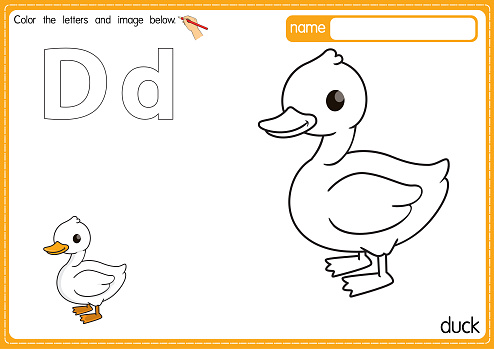 Vector illustration of educational alphabet coloring page with cartoon for kids. Uppercase and lowercase letter for coloring, tracing, writing, do-a-dot, sticker, cut and paste, kids learning page.